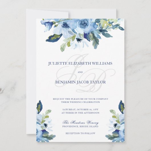 Juliette Elegant Dusty Blue Floral Wedding Kaart (Voorkant)