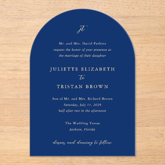 Juliette Elegant Wedding Acryl Uitnodigingen (Voorkant)