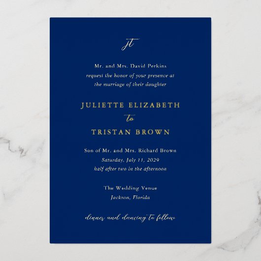 Juliette Elegant Wedding Folie Uitnodiging (Voorkant)