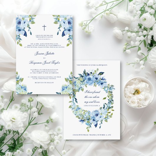 Juliette Floral Dusty Blue katholieke bruiloft Kaart