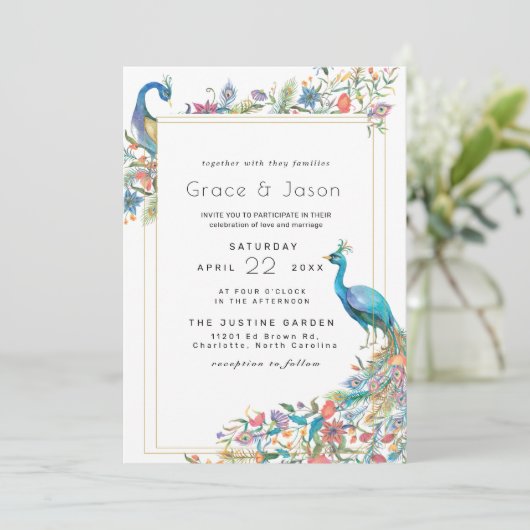 Julio Collectie Wedding Uitnodiging | Peacock (Staand voorkant)