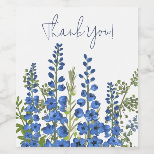 Juli's Blauwe Delphinium Bloemen Bedankt Wijn Etiket (Enkel label)