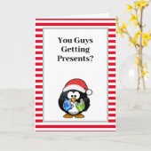 Jullie krijgen Cadeaus? Funny Penguin Kerstmis Kaart (Gele Bloem)