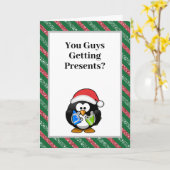 Jullie krijgen Cadeaus? Funny Penguin Kerstmis Kaart (Gele Bloem)
