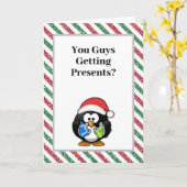 Jullie krijgen Cadeaus? Funny Penguin Kerstmis Kaart (Gele Bloem)