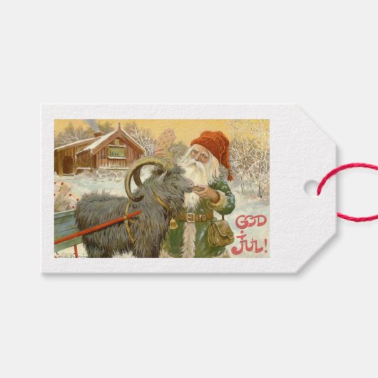 Jultomten voedt Yule Goat a Cookie Cadeaulabel (Voorkant (Horizontaal))