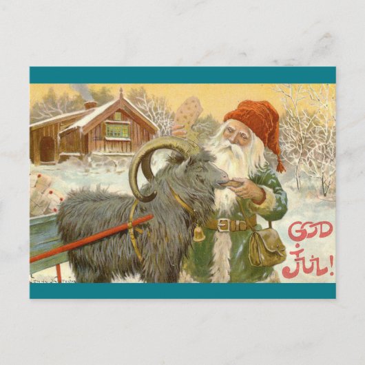 Jultomten voedt Yule Goat a Cookie Feestdagenkaart (Voorkant)