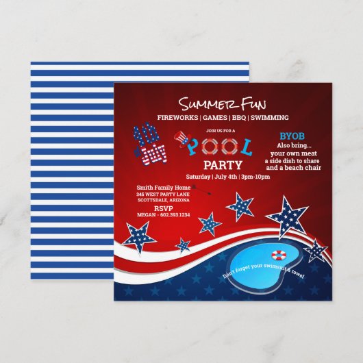 July 4th Pool Party BBQ Fireworks Invitation Kaart (Voorkant / Achterkant)