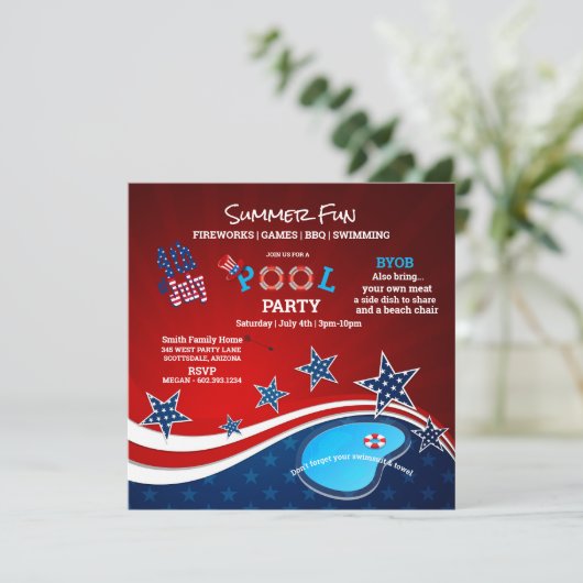 July 4th Pool Party BBQ Fireworks Invitation Kaart (Staand voorkant)