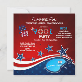 July 4th Pool Party BBQ Fireworks Invitation Kaart
