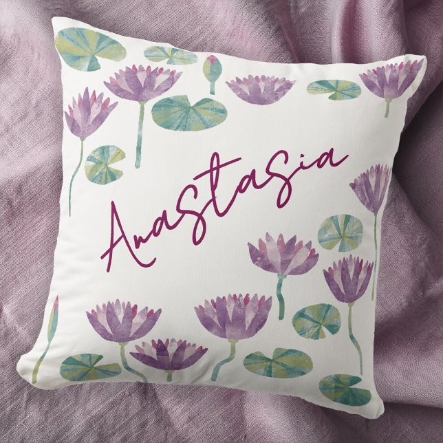 July Birth Month Water Lily Personalized Kussen (July birthday birth month flower water lily watercolor personalized custom name throw pillow gift)