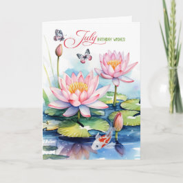 July Birthday Pink Waterlilies and Koi Fish Kaart