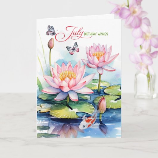 July Birthday Pink Waterlilies and Koi Fish Kaart (Orchidee)