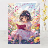 Jumbo Anime Meisje lezen | Kleurplaat verjaardag Kaart (Gele Bloem)