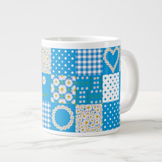 Jumbo Coffee Mok: Daisychains, Faux Patchwork Grote Koffiekop (Voorkant rechts)