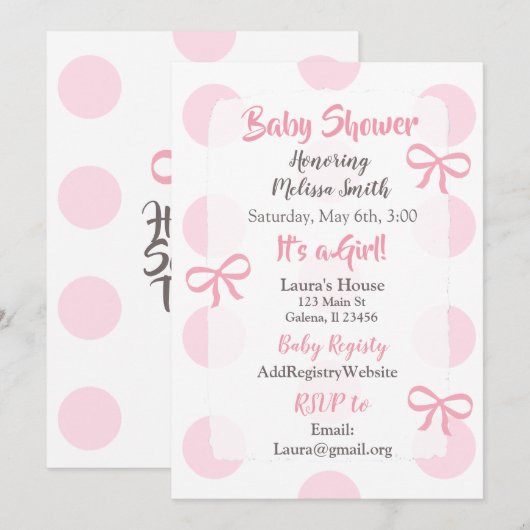 Jumbo Roze Polka Dot meisje Baby shower Invitation Kaart (Voorkant / Achterkant)