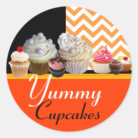 JUMMY BIRTHDAY CUPCAKES / ORANJE WITTE CHEVRON RONDE STICKER (Voorkant)