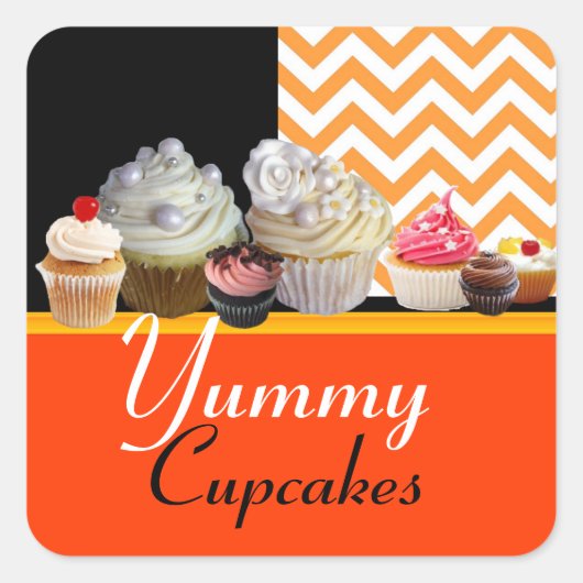 JUMMY BIRTHDAY CUPCAKES / ORANJE WITTE CHEVRON VIERKANTE STICKER (Voorkant)