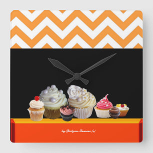 JUMMY COLORFUL CUPCAKT DESERT SHOP Oranje Chevron Vierkante Klok