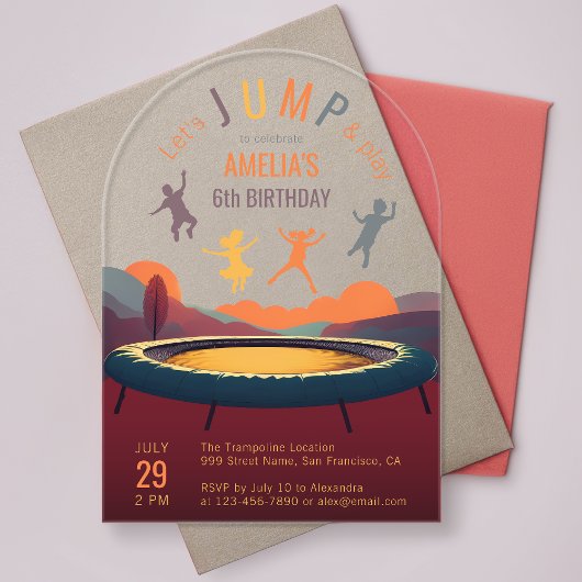 Jump and Play Trampoline Kind Verjaardagsfeestboog Acryl Uitnodigingen