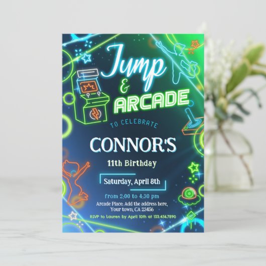 Jump Arcade Neon Glow verjaardagsfeestje Kaart (Staand voorkant)