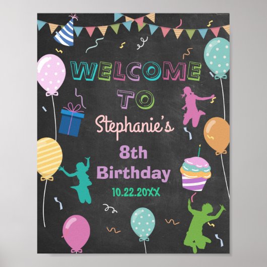Jump Birthday Chalkboard Kind Trampoline Welkom Poster (Voorkant)
