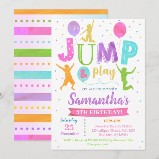 Jump Birthday Invitation Bounce Trampoline Party Kaart (Voorkant / Achterkant)