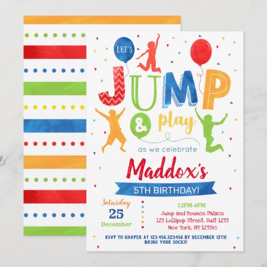 Jump Birthday Invitation Bounce Trampoline Party Kaart (Voorkant / Achterkant)
