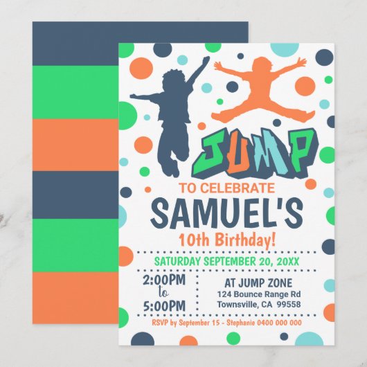 Jump Birthday Invitation Boy Jump Trampoline Kaart (Voorkant / Achterkant)