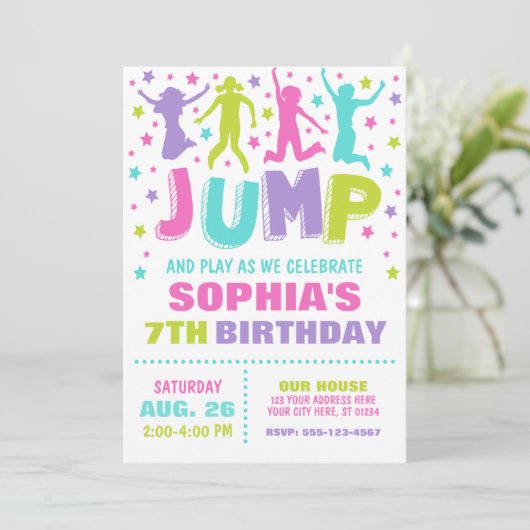 Jump Birthday Invitation, Trampoline Bounce House Kaart (Staand voorkant)