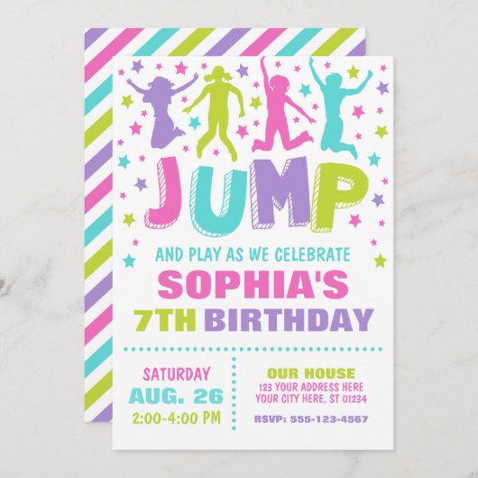 Jump Birthday Invitation, Trampoline Bounce House Kaart (Voorkant / Achterkant)