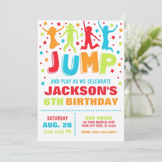 Jump Birthday Invitation, Trampoline Bounce House Kaart (Staand voorkant)