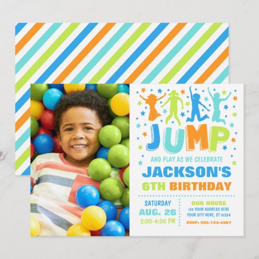 Jump Birthday Invitation, Trampoline Bounce House Kaart (Voorkant / Achterkant)