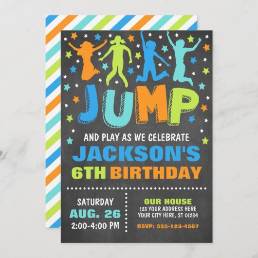 Jump Birthday Invitation, Trampoline Bounce House Kaart (Voorkant / Achterkant)