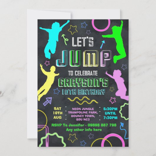 Jump birthday invitations, trampolining party kaart (Voorkant)