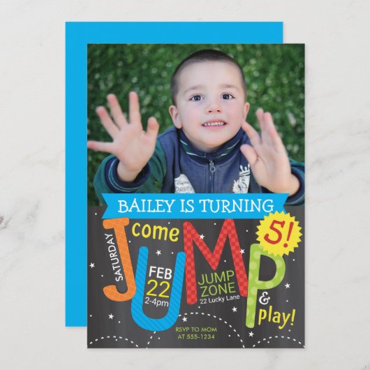 Jump Birthday Party Photo Brights on Chalkboard Kaart (Voorkant / Achterkant)