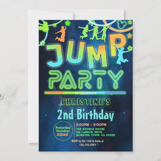 Jump Bounce Neon Jumping Trampoline Verjaardagsfee Kaart (Voorkant)