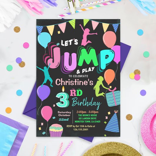 Jump Bounce Trampoline Park Birthday Invitation Kaart