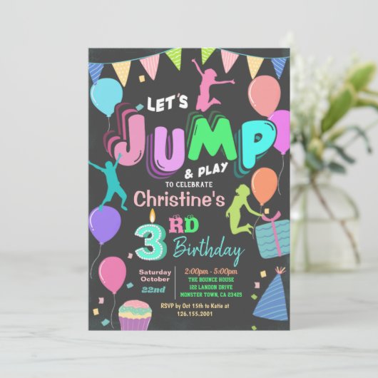 Jump Bounce Trampoline Park Birthday Invitation Kaart (Staand voorkant)