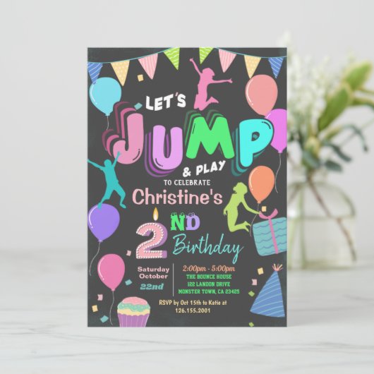 Jump Bounce Trampoline Party Birthday Invitation Kaart (Staand voorkant)