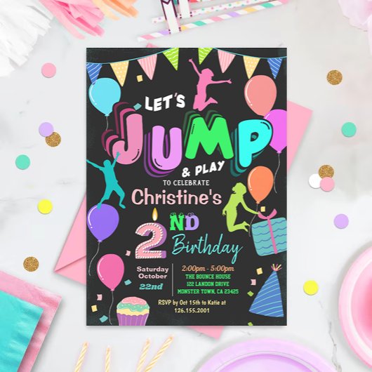 Jump Bounce Trampoline Party Birthday Invitation Kaart