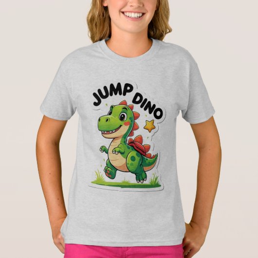 Jump Dino – Speelse Cartoon Sticker T-shirt (Voorkant)