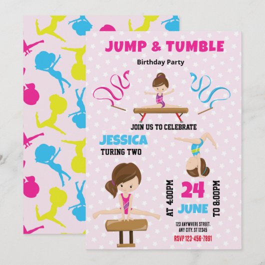 Jump en Tumble Gymnastics Verjaardag Uitnodiging (Voorkant / Achterkant)