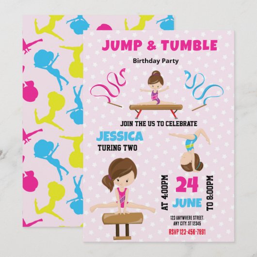 Jump en Tumble Gymnastics Verjaardag Uitnodiging (Voorkant / Achterkant)