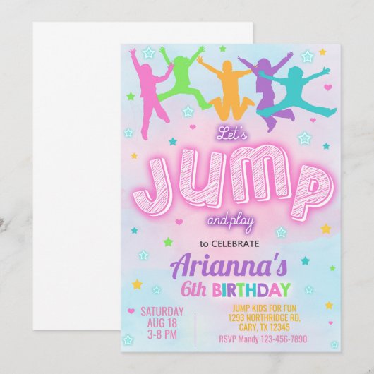 JUMP-meisjesverjaardagsuitnodiging, laten we sprin Kaart (Voorkant / Achterkant)