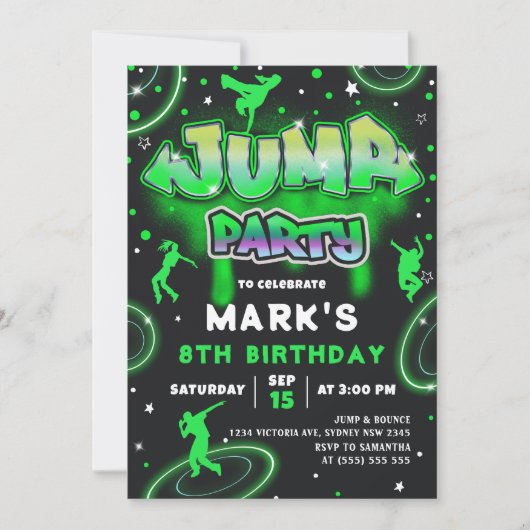 Jump Neon Trampoline Verjaardagsfeestuitnodiging Kaart (Voorkant)