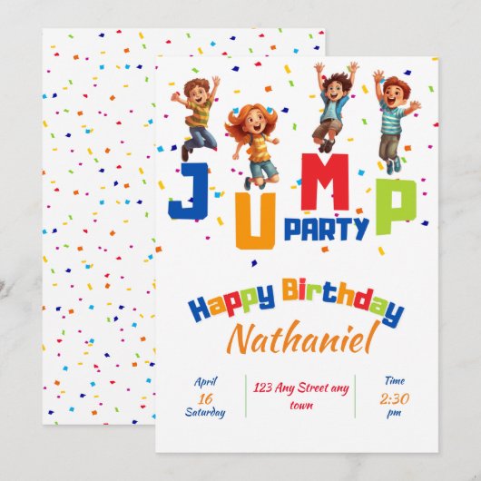 Jump Party uitnodiging, Trampoline Party uitnodigi Kaart (Voorkant / Achterkant)