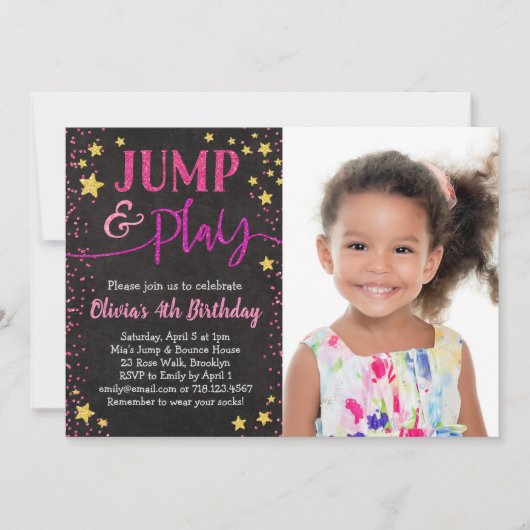 Jump & Play Birthday-uitnodiging met foto Kaart (Voorkant)
