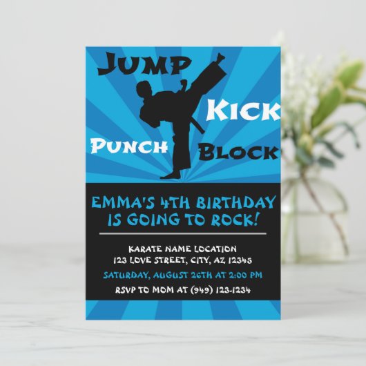 Jump Punch Kick Block Karate Party Birthday Kaart (Staand voorkant)