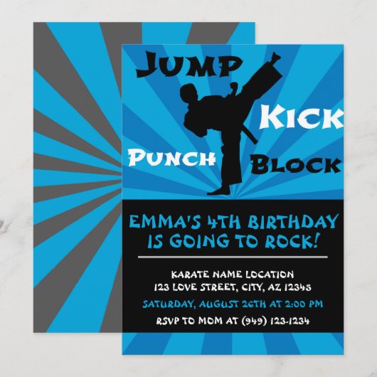 Jump Punch Kick Block Karate Party Birthday Kaart (Voorkant / Achterkant)